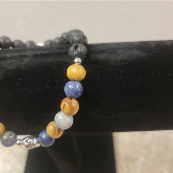 Men's Black Lava, Blue, and Wooden Beaded Stretch Bracelet with Skeleton - Picture 6 of 8